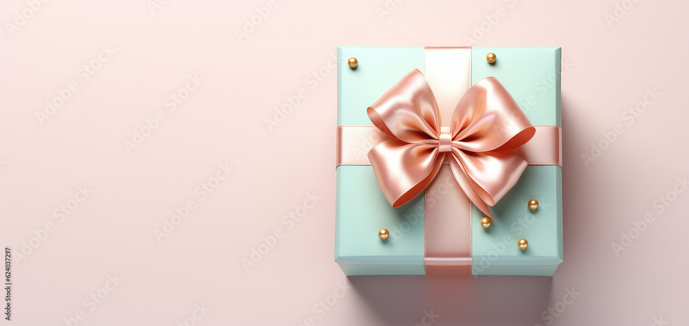 Square gift box with silk glossy bow ribbon. Pastel color palette, copy space. Promotion banner for advertising company. Top view. Generative AI 3d render illustration. Square gift box with silk glossy bow ribbon. Pastel color palette, copy space. Promotion banner for advertising company. Top view. Generative AI 3d render illustration.