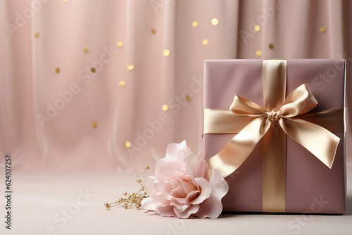 Square gift box with silk glossy bow ribbon. Pastel color palette, copy space. Promotion banner for advertising company. Generative AI 3d render illustration.