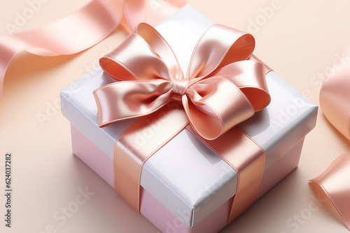 Wallpaper Mural Square gift box with silk glossy bow ribbon. Pastel color palette, copy space. Promotion banner for advertising company. Generative AI 3d render illustration. Torontodigital.ca