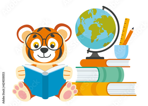 Cute cartoon tiger cub reading book near stack of books, globe and stationery. Animals back to school. Isolated illustration in flat style. 