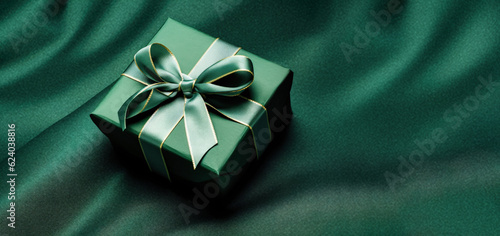 Banner with green gift box with ribbon and bow for man and boy isolated on green background.Holiday gift with Birthday or Christmas present,flat lay,top view,father's day copy space.Generated by AI