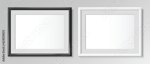 Two Realistic horizontal frames, Black and White colors. For an image A4. Posters on wall Mockup. Frames Design Template for Mockup. Vector illustration