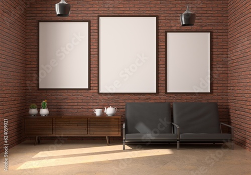 Fototapeta Naklejka Na Ścianę i Meble -  frame 3D interior illustration, wall design modern, empty space creative, 3D background blank canvas, room design mockup, home photo rendering, simple indoor style, architecture art picture copy space