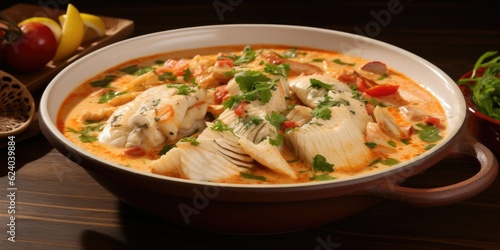 Experience the Traditional Brazilian Dish - Moqueca de Peixe - Served in a White Bowl with Cod Fish - Indulge in the Richness of the Flavors - Immerse Yourself in Generative AI Digital Illustration