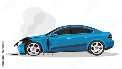Vector or Illustation of Cars that have been damaged from the front. Wrinkled hood, cracked wheels, damaged front door sills. With smoke out from engine of car. Isolated white background.