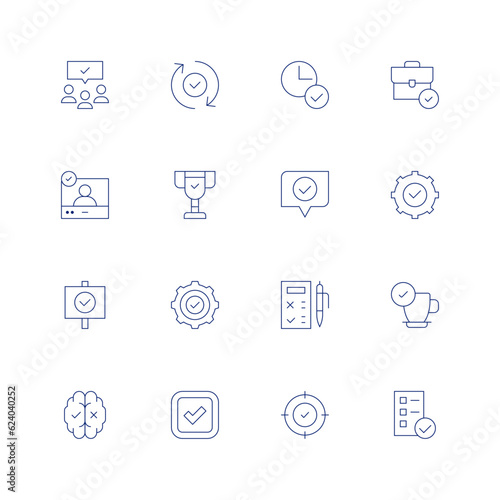 Checkmark line icon set on transparent background with editable stroke. Containing audience, validated, time, suitcase, verified user, trophy, good, check, approved, administration.