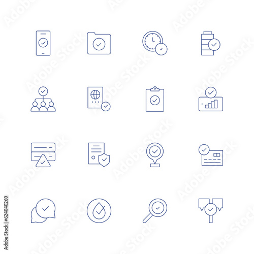 Checkmark line icon set on transparent background with editable stroke. Containing smartphone, folder, check, battery, teamwork, passport, checklist, good signal, server, insurance, placeholder.