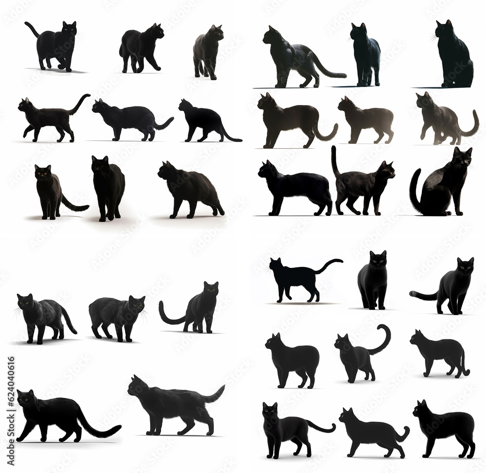 The collection a set of walking cat silhouette isolated on white background.