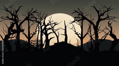 Realistic halloween background with creepy landscape of night sky fantasy forest in moonlight. AI illustration. game  background  for design  graphics  landscape  print   web  magazine  book   web  games.