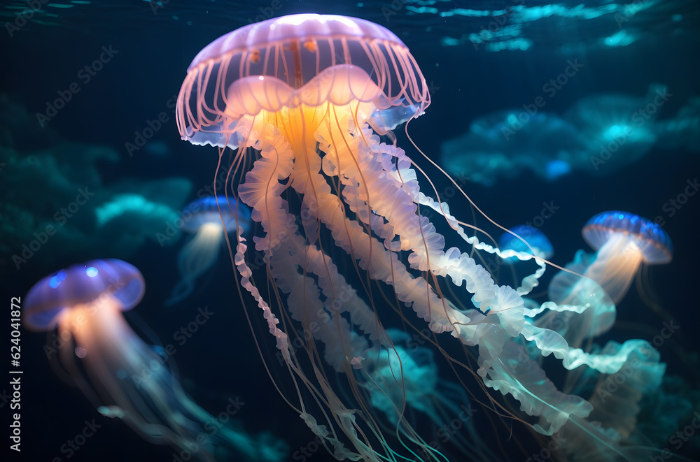 Naklejka premium Luminescent jellyfish in the ocean