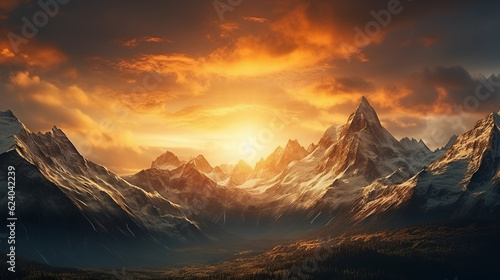 the sun rises between the mountains with a golden yellow light shining on the mountain peaks © Asep
