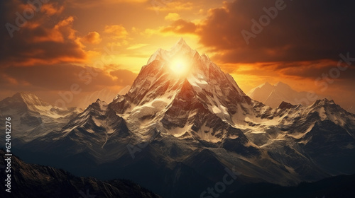 the sun rises between the mountains with a golden yellow light shining on the mountain peaks