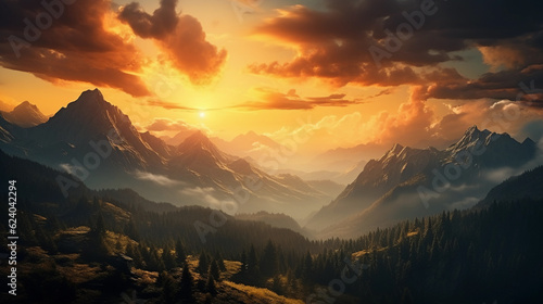 the sun rises between the mountains with a golden yellow light shining on the mountain peaks