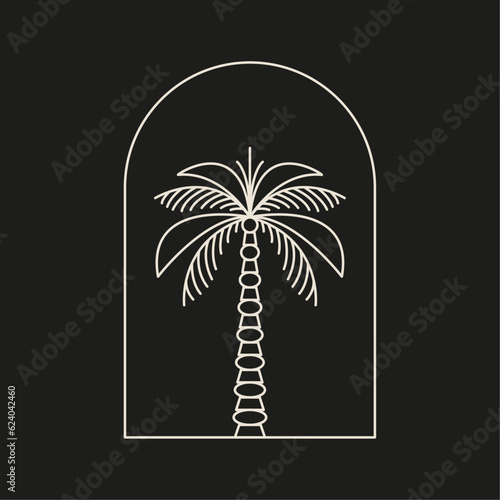 Palm tree arch thin line icon abstract design summer logo template modern minimal linear emblem for vacations rentals and travel services. Vector illustration