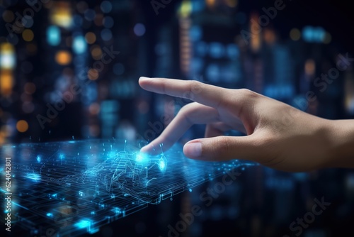 uman hand touching the screen showing digital technology, global internet network, Ai Artificial intelligence photo