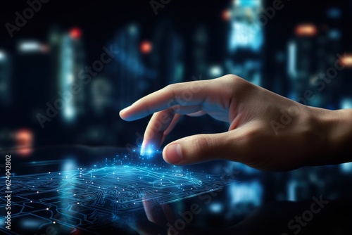 uman hand touching the screen showing digital technology, global internet network, Ai Artificial intelligence photo