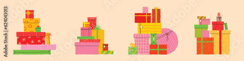 Set of four stacks different presents for Christmas holiday. Gift boxes in festive wrapping various craft paper with ribbon and bows. Flat style vector illustration.
