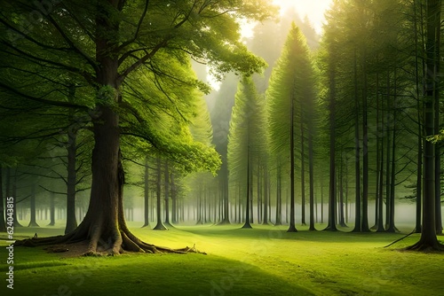 Beautiful background of trees in the forest covered with grass