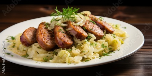  Sausage Delight - Sliced Sausage with Onion, Cabbage, and Farofa - A Burst of Flavors on a Plate - Indulge in the Perfect Balance of Savory and Crunchy  Generative AI Digital Illustration