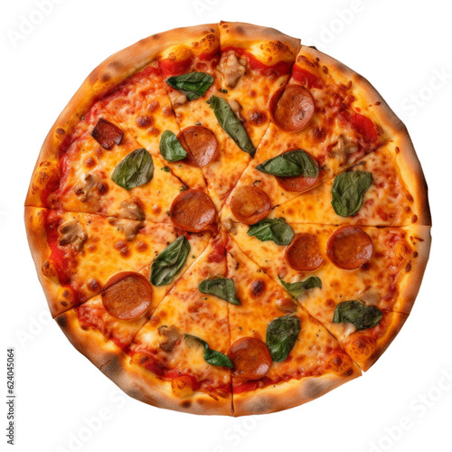 A delicious cut pepperoni pizza seen from above, top view isolated on a transparent background
