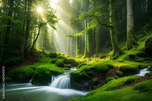 Beautiful background of trees in the forest covered with grass