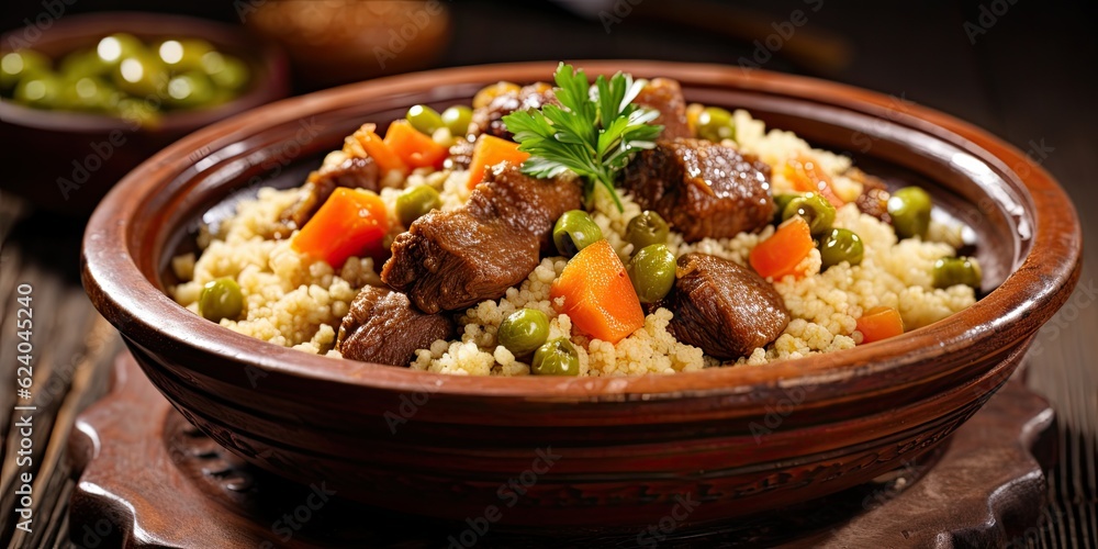  Moroccan Culinary Journey - Couscous with Carrots, Celery, Leek, and Stewed Meat - Presented in a Ceramic Bowl - Scattered Raw Couscous on a Wooden Table  Generative AI Digital Illustration