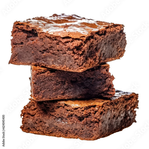 A stack of 3 delicious chocolate brownies isolated on a transparent background