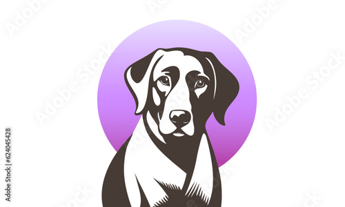 Vector graphic brown cute kind friendly labrador dog with lilac circle. White isolated background.