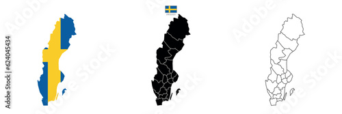 Three Sweden map background with states. Sweden map isolated on white background with flag. Vector illustration map europe