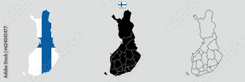 Three Finland map background with states. Finland map isolated on white background with flag. Vector illustration map europe