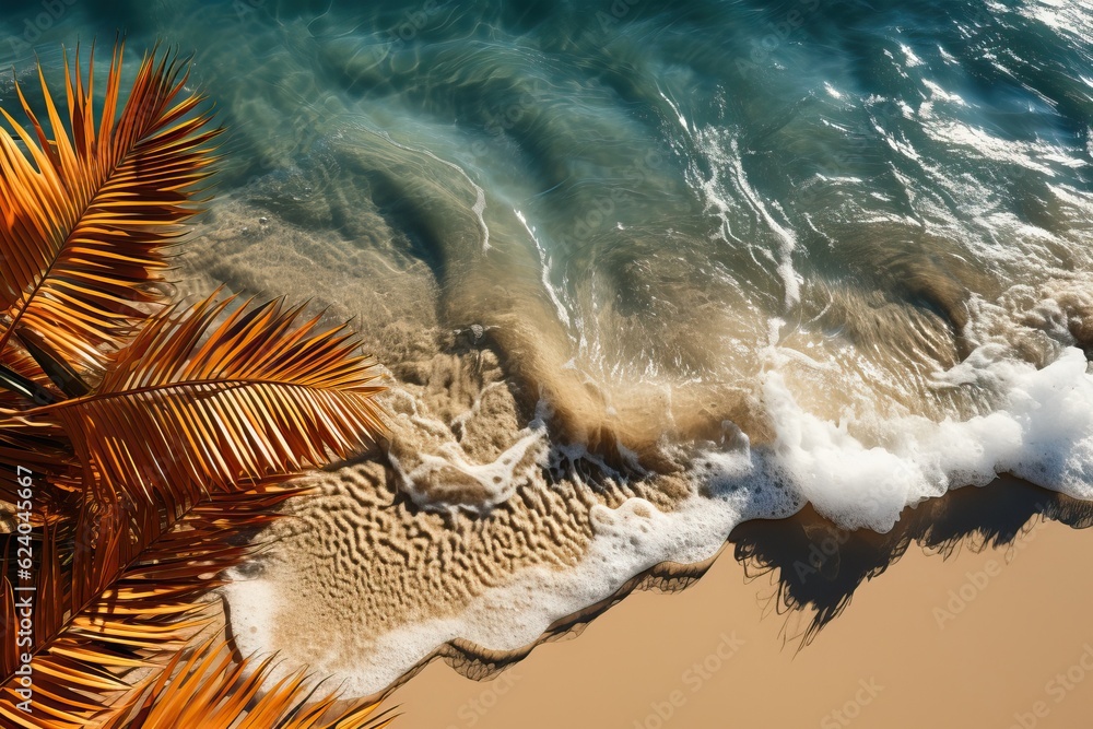 Fototapeta premium Paysage d'une plage avec des vagues et cocotiers , ia