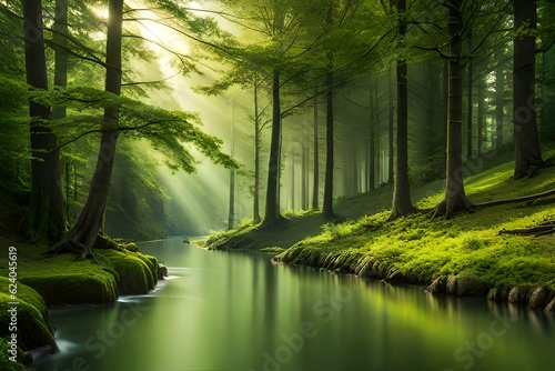 Beautiful background of trees in the forest covered with grass