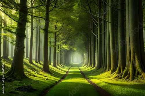 Beautiful background of trees in the forest covered with grass