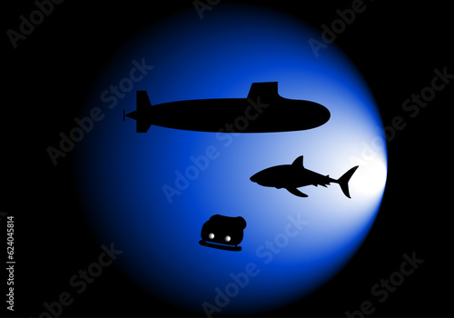 Silueta negra de un submarino, un dron y un tiburón sobre un foco de luz azul en la oscuridad del fondo marino