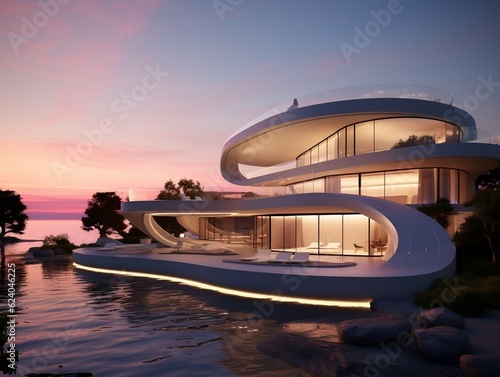 Modern minimalist round and curved shaped luxury house villa with terrace on sea shore at sunset generative ai © tanjidvect