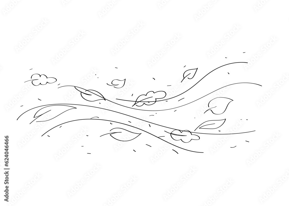 Autumn doodle leaves . Line art the windy weather . Modern minimalist outline illustration. Isolated black element on white background. For print, posters, postcards, book picture Autumn doodle leaves . Line art the windy weather . Modern minimalist outline illustration. Isolated black element on white background. For print, posters, postcards, book picture