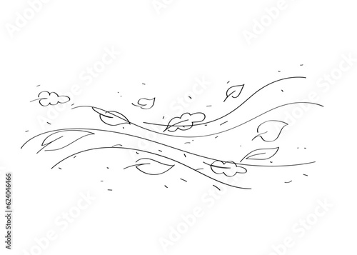 Autumn doodle leaves . Line art the windy weather . Modern minimalist outline illustration. Isolated black element on white background. For print, posters, postcards, book picture