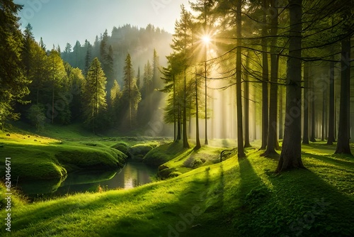 Beautiful background of trees in the forest covered with grass