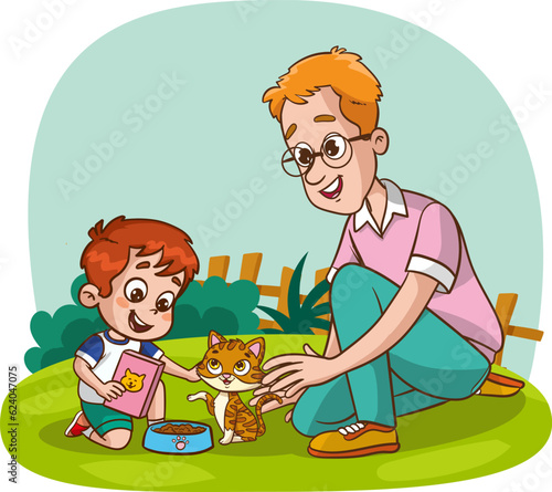 cute family feeding cute cats vector.children and their parents who feed stray animals