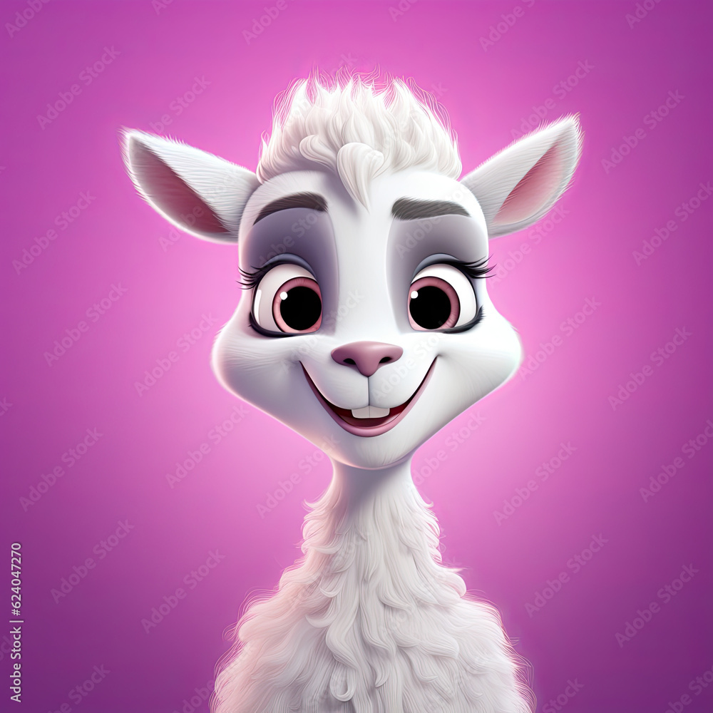 Cute Llama, 3d cartoon, big eyes, friendly, solid background, minimalistic