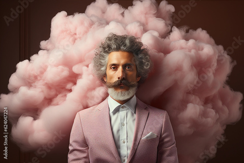 a man in a pink suit with a beard on the background of a pink cloud, a barbershop or a stylish middle-aged man. Generative AI