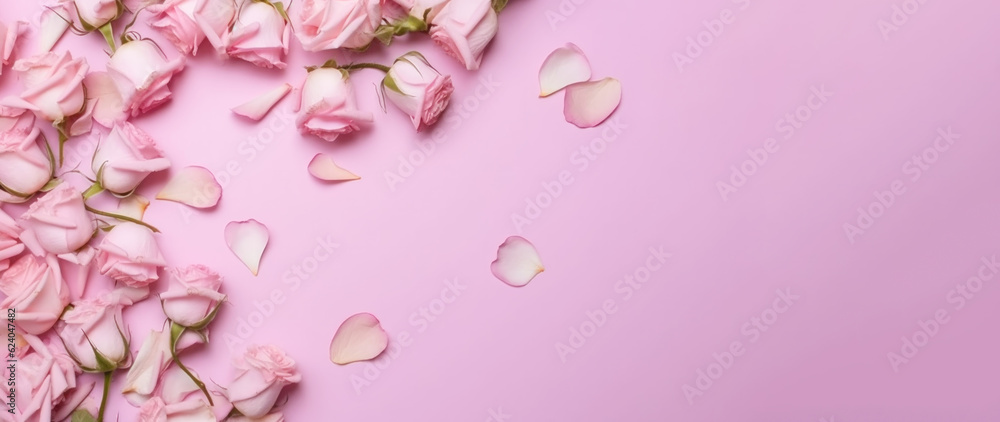 Banner with pink rose petals isolated on pink background.Holiday gift with Birthday, flat lay, top view, copy space.Generated by AI