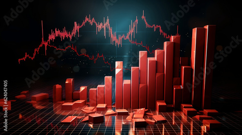 Financial crisis down 3d red arrow economy business graph on money crash market background with bankruptcy decrease bad finance chart diagram or loss investment economic recession sales, Generative Ai