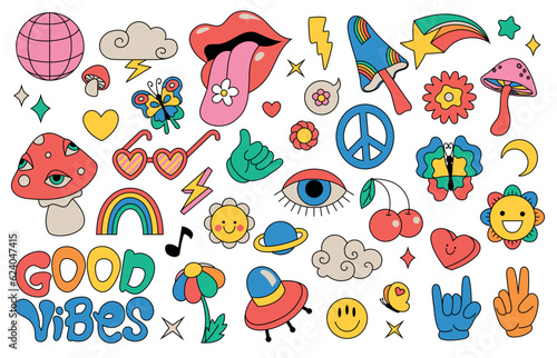 Hippie 70s retro stickers, groovy psychedelic elements. Funky cartoon flowers, rainbow, mushrooms, vintage hippy style element vector set. Decorative disco ball and cherries
