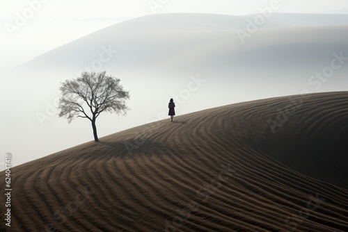 Paysage en couleur, paisible et calme avec des dunes et un arbre, ia © jp
