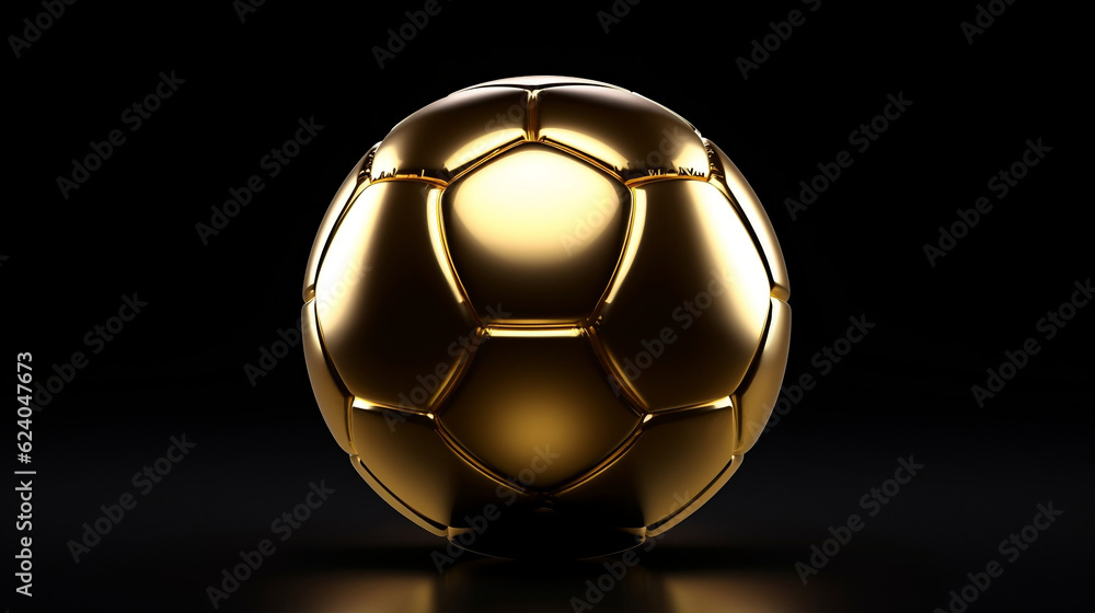 Fototapeta premium Gold soccer ball or football isolated on black 3d illustration dark background with sport winner championship tournament and golden king crown competition trophy champion cup , Generative Ai