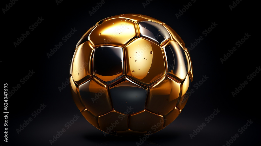 Naklejka premium Gold soccer ball or football isolated on black 3d illustration dark background with sport winner championship tournament and golden king crown competition trophy champion cup , Generative Ai