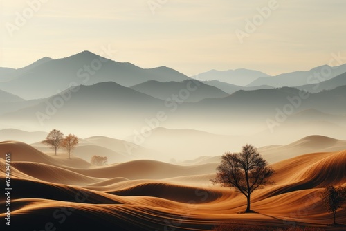 Paysage en couleur, paisible et calme avec des dunes et un arbre, ia