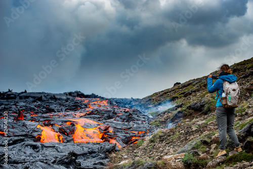 Fototapeta Naklejka Na Ścianę i Meble -  Iceland, Fagradalsfjall volcano eruption 2021.
People visit the lava field.