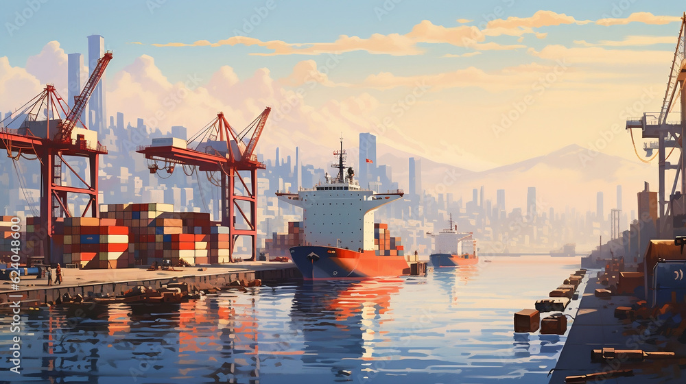 Panorama of the harbor with container ships, Generative Ai